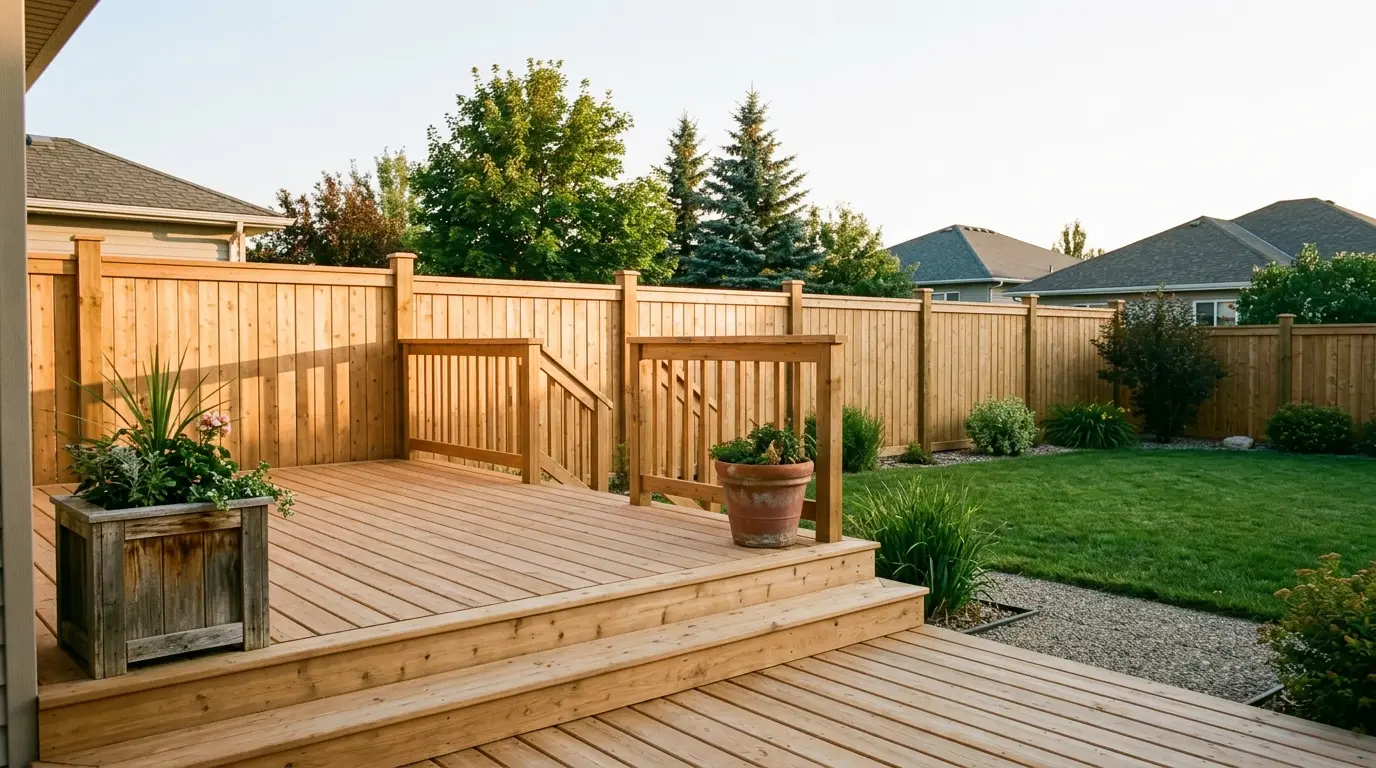 A newly built cedar deck with steps and railings in a Winnipeg backyard