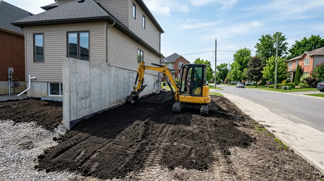 A mini excavator regrading soil away from the foundation of a house