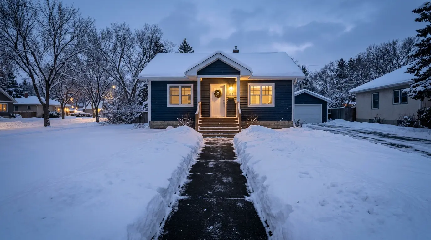 A cleared walkway to a Winnipeg home on a winter evening